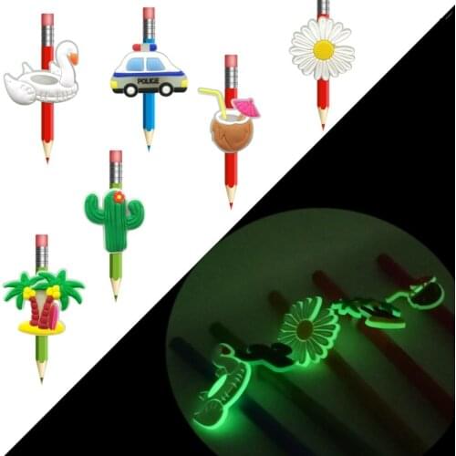 8pcs Cactus Coconut Daisy PVC Pencil Toppers Glowing in the Dark Pencil Caps Pen Cover Straw Charm Stationery Kids Xmas Gift