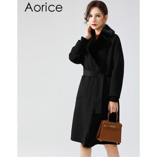 Aorice Women Winter Real Fur Parka Coat Jacket 2020 New Mink Fur Collar Rex Rabbit Fur Liner Long Trench Coats Jackets Z20163