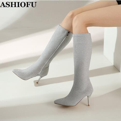 ASHIOFU New Real Photos Handmade Ladies Boots Bright Leather Party Prom Mid-calf Stiletto Boots Evening Dance Club Fashion Boots