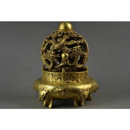 Free shipping Collectable Old BRASS Carving Double Dragon & 5 Lion Head Rare Big Religion Incense Burner