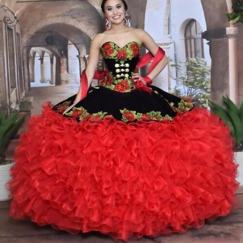 Black and Red Sweet 16 Quinceanera Dresses with Removable Skirt Sweetheart Flower Appliques Tiered Skirt Masquerade Dress 2020