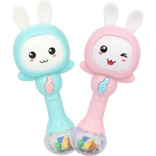 PUDCOCO Infant Baby Cartoon Rabbit Rattle Sing Toy Classic Song Light Music Soft Handle Safe Bite Playmate Battery (No Battery)