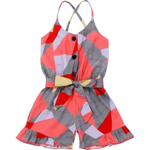 Children Geometry Print Short Romper, Girls Sleeveless V-neck Sling Jumpsuit with Waistband