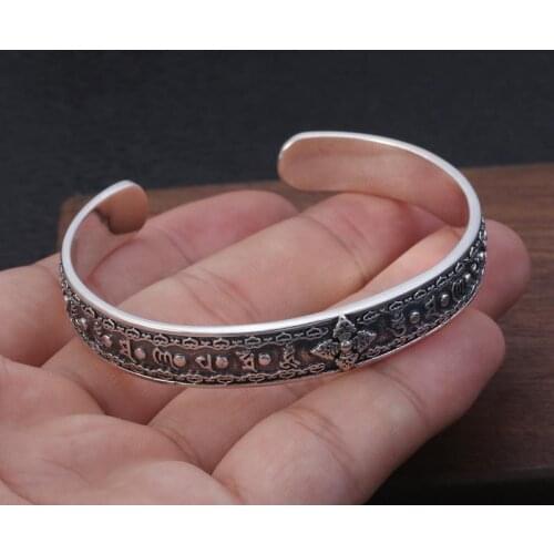 Mens Real 925 Sterling Silver Cuff Bracelet Om Mani Padme Hum Vajra Women Jewelry Adjustable opening bracelet gift