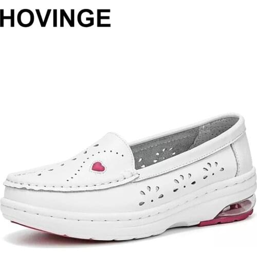 HOVINGE White Genuine Leather Platform Loafers Women Nurse Shoes Round Toe Slip-on Thick Flats Breathable Soft Cowhide Chunky