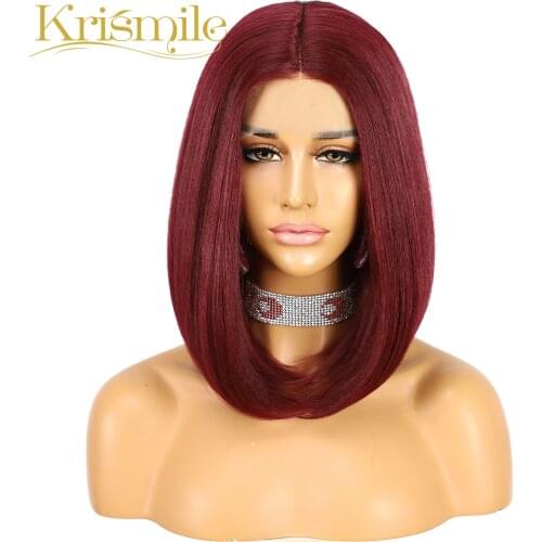 Krismile Lace Wigs Futura Fiber Synthetic Short Bob Wig Middle Part Burgundy Wig for Women Party Daily Wear High Temperature