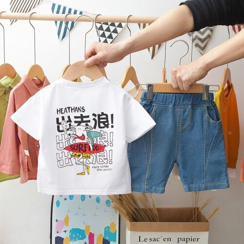 Cool Kid Boys 2021 Summer Clothes Outfit Fashion Cartoon Short-sleeved T-shirt+Denim Shorts 2pc/Set Children Pants Clothing