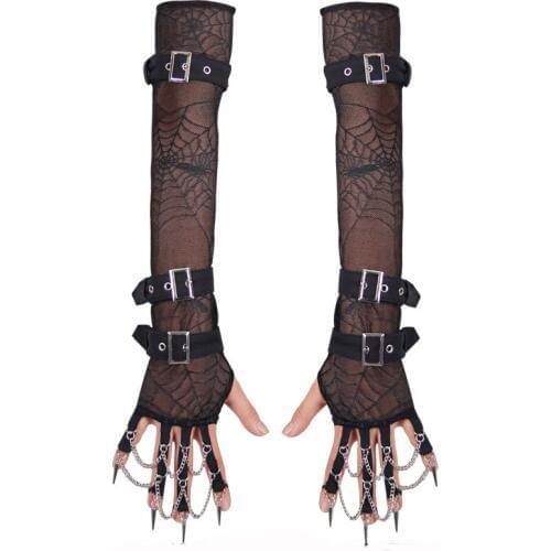 Corzzet Steampunk Gothic Black Leather Buckle& Hand Chain Pendant Spider Long Mittens Costume Victorian Women Tactical Gloves