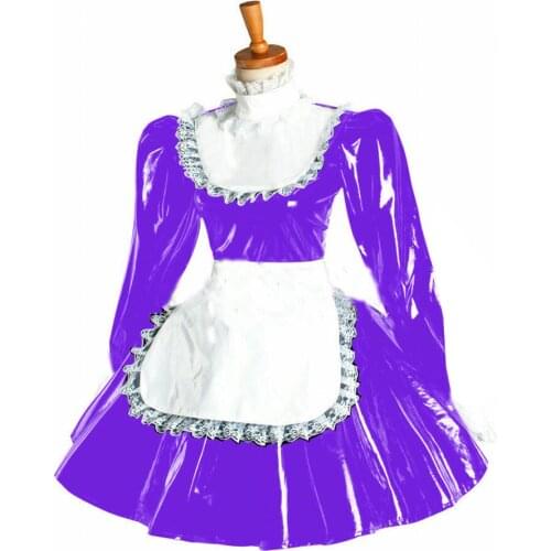 Sexy Cute Maid Dress Role Play Cosplay Anime Uniform Elegant lace French Mini Dress Long Sleeve High Neck PVC Dress With Apron