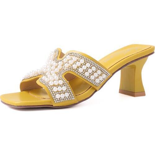 Slippers women 2019 Summer New Square Heel High Heels Outdoor Fashion String Bead Lady Slipper Shoes Woman