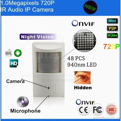 Hot Sale P2P Pir Style ONVIF 1MP Mini Pin hole Video Ip Camera 720P Microphone&48pcs 940nm ir leds Support Phone PC Remote View
