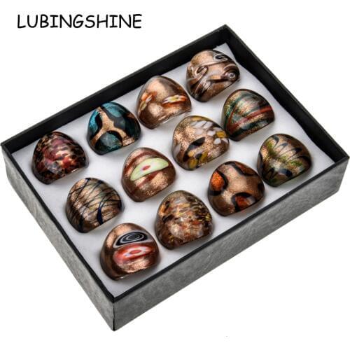 Bohemian 12pcs/set Women Men Murano Glass Stone Round Square Finger Ring Vintage Knuckle Rings Fashion Jewelry Gift with Box
