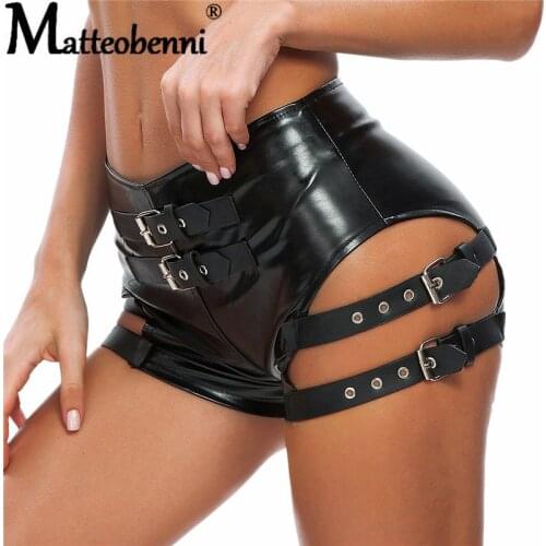 Women Shiny PU Leather Shorts Low Waist Stretch Club Sexy Black Faux Leather Shorts Ladies Sexy Hollow Out Skinny Party Shorts
