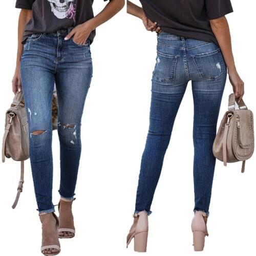 Women Stretchy Skinny Jean Ripped Holes Denim Trousers Slim Fit Casual Jean High Street Jeans Streetwear Distressed Denim Pants