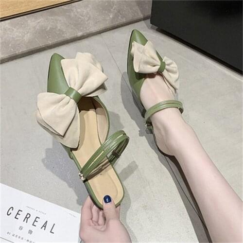Womens Baotou Half Slippers 2021 New External Wear Fashion Bow Decorate Flat Shoes Comfortable Leather Fabric Zapatos Mujer