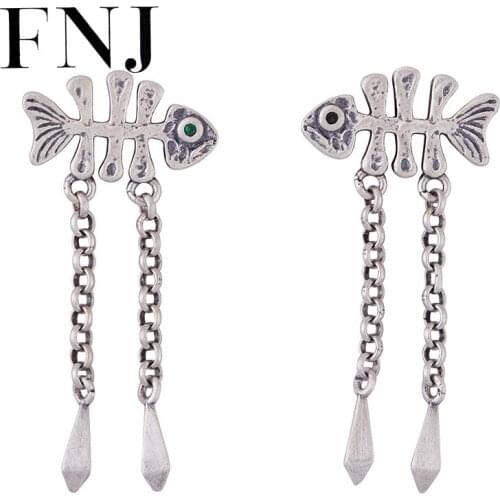 FNJ Animal Fish Bone Earrings 925 Silver Original Pure S925 Sterling Silver Stud Earring Women Jewelry