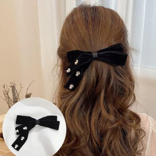 CHIMERA Girl Hair Clip Clamp Black Velvet Bow Tie Hairpin Barrettes Crystal Bead Hairgrip Korean Sweet Hair Accessories Headwear