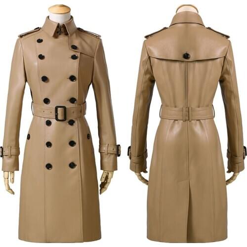 ElfStyle Runway Black/Khika/Redwine/Beige 100 Genuine Lambskin Womens Leather Trench Coat Double Breasted Buttons And Waist Belt