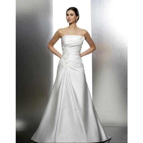 New fashion 2021 married drop waist satin flare embroidered lace appliques pleated bodice sweep train Bespoke Wedding Dresses