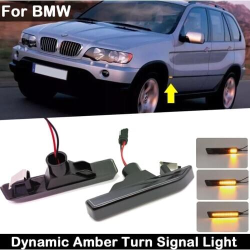 2Pcs For BMW 3 Series E36 X5 E53 M3 Smoked Lens LED Side Marker Fender Lamp Dynamic Amber Turn Signal Light