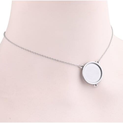 2pcs 60cm Long Adjustable Chain Necklace Bezel Blanks With Loop Stainless Steel 16mm 20mm Cabochon Pendant Base Setting Trays