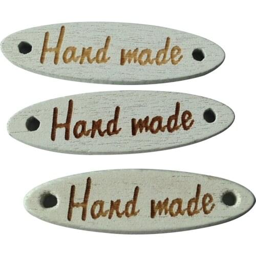 20pcs white wood labels with hand made logo for Clothing oval wooden button for DIY sweater handmade wood sewing buttons tags
