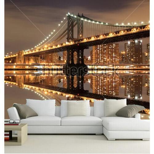 Custom 3D murals,Manhattan Bridge and Manhattan skyline At Night,New York City,living room sofa TV wall bedroom wall paper