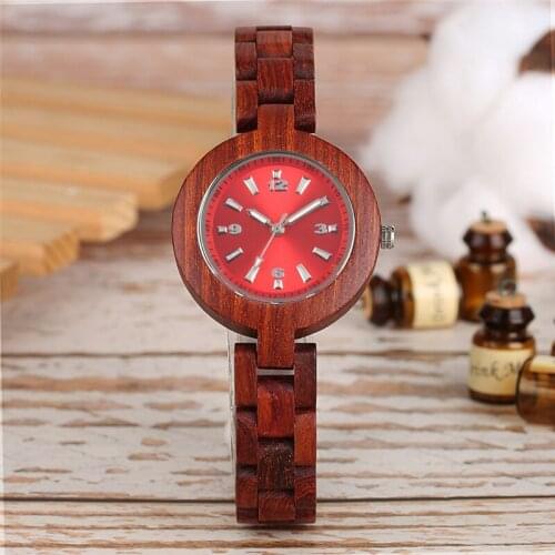 Antique Red Sandalwood Clock Analog Dial Wrist Watches Quartz Movement Luminous Hands Wood Watches for Women Lady Bamboo Band