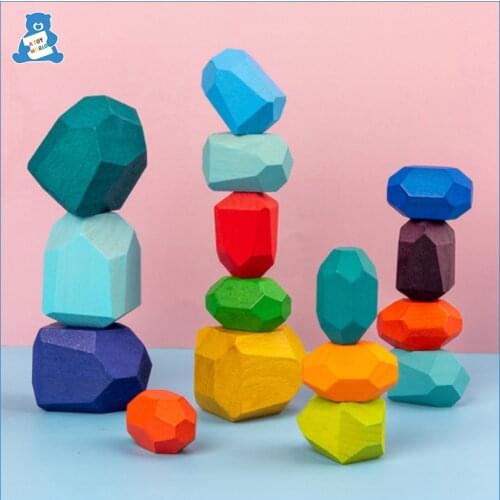 Wooden Toy Jenga Building Block Nordic Style Jenga Games Rainbow Stacking Block Wooden Colored Stone Montessori Toy for Children