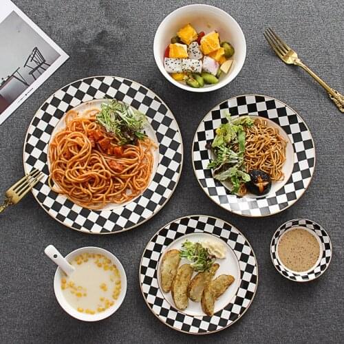 European-style ceramic Western food flat steak plate Home kitchen black and white geometric tableware Creative simple soup