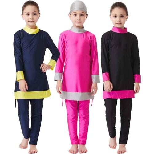 New Arrival Girls Full Coverage Swimsuit Patchwork Arab Islamic Turkey Conservative Swim Wear 3pcs Muslim Traditional Beachwear