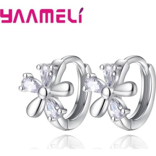 Cute CZ Flower Earrings Fine 925 Sterling Silver with AAA Cubic Zircon Stone Inlay Paved Hoop Loop Jewelry for Women