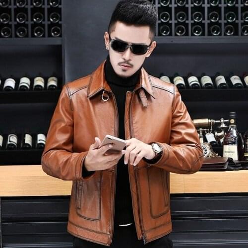 Top Quality Street Mens Slim Fit Cow Leather Jacket Fashion Business Lapel Short Coat Winter Warm Real Leather Outwear Plus Size
