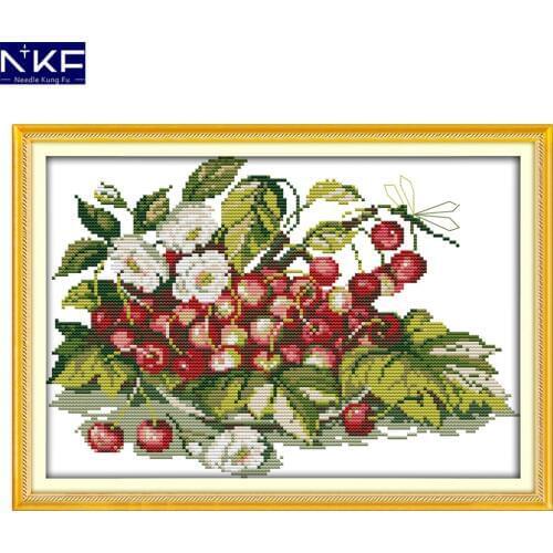 NKF Cherry fruit tray Embroidery Cross Stitch Counting Pattern Handicraft Cross Stitch Kit Cross Stitched for Home Decoration