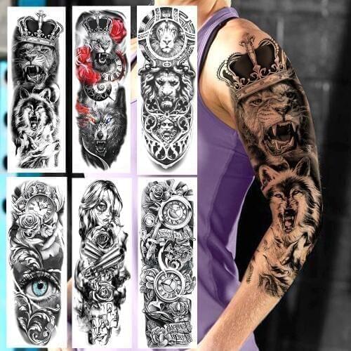 Ferocious Lion King Full Arm Tatoos Sticker Realistic Fake Black Totem Wolf Warrior Rose Sleeve Temporary Tattoos For Men Women
