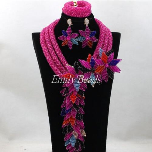 Nigerian Fuchsia Pink Beads Jewelry Set Indian Bridal Jewellery Set African Wedding Beads Necklace Set Free Shipping ALJ141