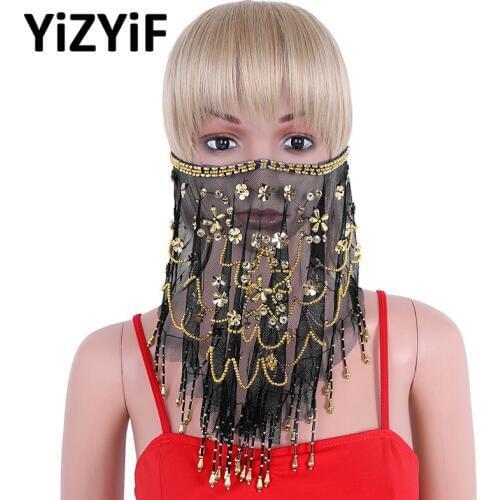 Women Beaded Belly Dance Face Veil Mesh See Through Sheer Belly Dance Tribal Face Veil Beads Tassels Halloween Costume Accessory