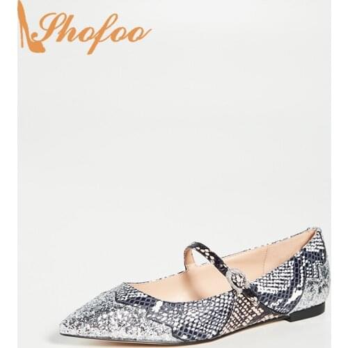 Gray Snake Skin Print Flats Woman Sequined Cloth Pointed Toe Mary Jane Shoes Large Size 11 16 Lady Fashion Office Mature Shofoo