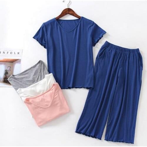 Pajamas female summer short-sleeved cropped pant two piece set casual sports thread modal cotton pijamas women sleepwear suit