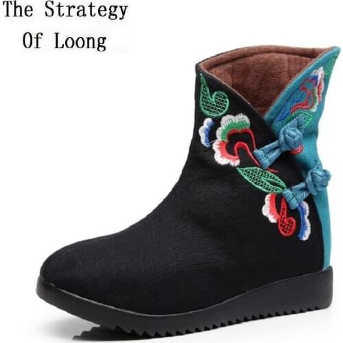 Spring Autumn New China Style Retro Embroider Buckles Canvas Women Short Boots Winter Plush Ladies Ankle Equestrian Botas 2021