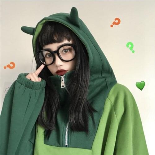 Womens Hoodies Sweatshirts Oversize Letter Print Harakuju Pullovers With Horn On Hood Korean Stylish Female Pocket Tops Hoodies