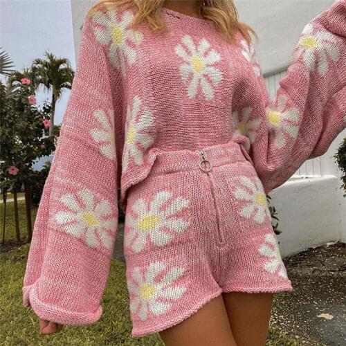 Sweet Cute Women Two Piece Women Flower Knitted Sets Lounge Wear Outfits Oversized Sweater Zipper High Waist Shorts 2 Piece Suit