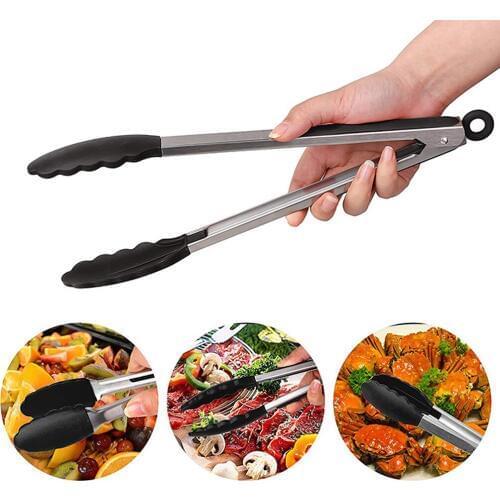 9-Inch Long BBQ Grilling Tong Stainless Steel Silicone Cooking Grilling Barbecue Non-Stick Salad Cake Serving Clip