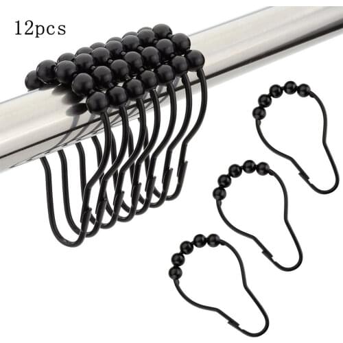 12 Pieces Black Curtain Hanging Hooks Portable Household Shower Curtain Rings Black Iron Hooks Shower Curtain Accessories