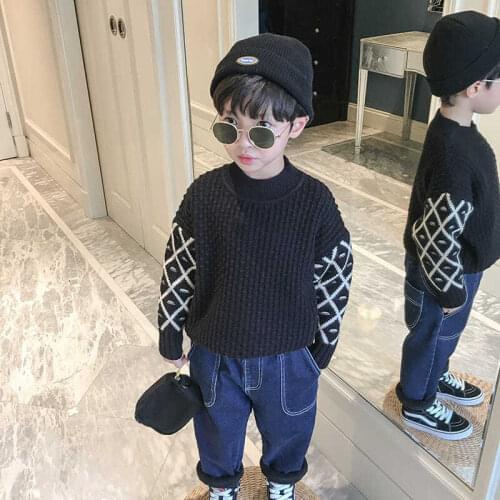 Black Knitting Spring Autumn Winter Sweater Baby Boys Kids Childrens Warm Plus Velvet Thicken Top High Quality