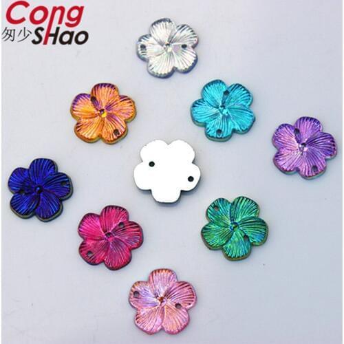 Cong Shao 200PCS 15mm AB Color Flowers Acrylic Rhinestone stones and crystals For Clothing Craft Button DIY Sewing 2 Hole CS631