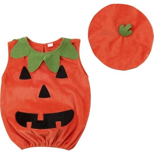 Baby Girl Boy Halloween Pumpkin Top with Hat 0-3Y Newborn Infant Toddler Autumn Winter Warm Flannel O Neck Sleeveless Outfit