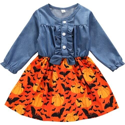 Pudcoco 2020 Infant Kids Baby Girls Halloween Denim Stitching Dress Fashion Casual Long Sleeve Pleated Bow Princess Dress