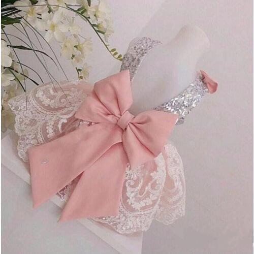 Cute Sliver Sequin Toddler Girls First Birthday Dress Lace Appliques with Bow Tutu Girls Party Gown Kids Size 9M 12M 18M 24M