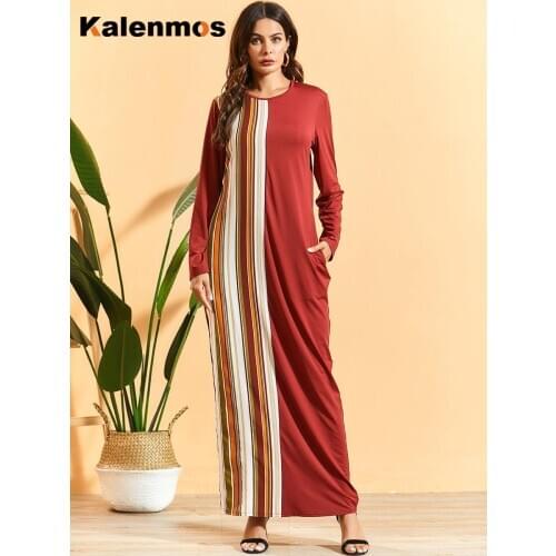 KALENMOS Muslim Ramadan Hijab Dress Women Turkey Striped UAE Moroccan Kaftan Abaya Robe Djellaba Jilbab Vestido Islamic Clothing